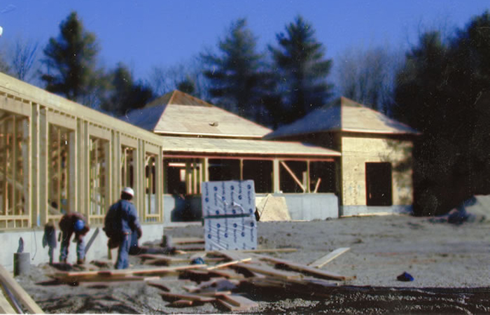 Under construction: the Forest Refuge meditation hall, 2002.